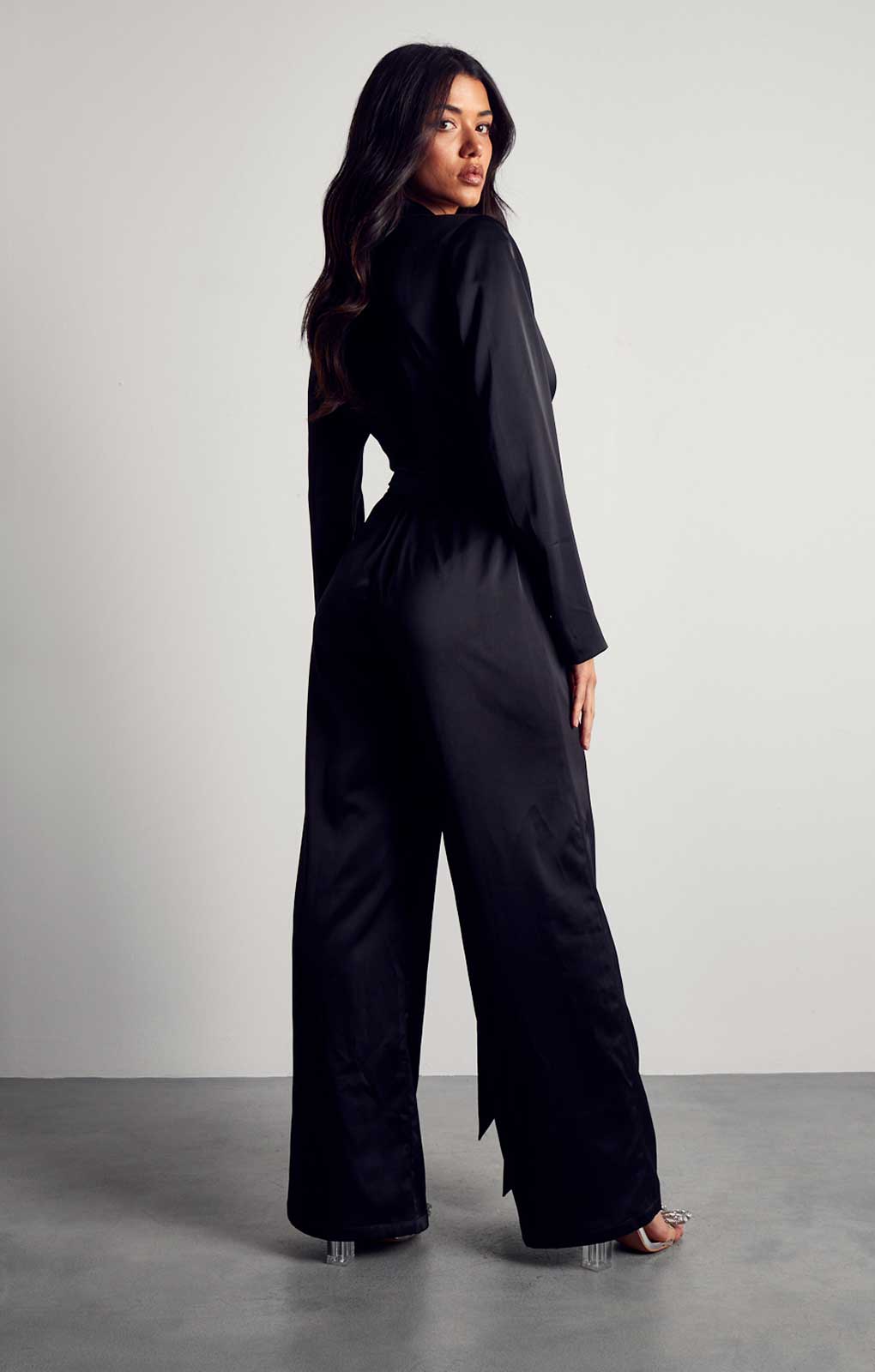 Misspap Black Recycled Satin Wrap Detail Jumpsuit