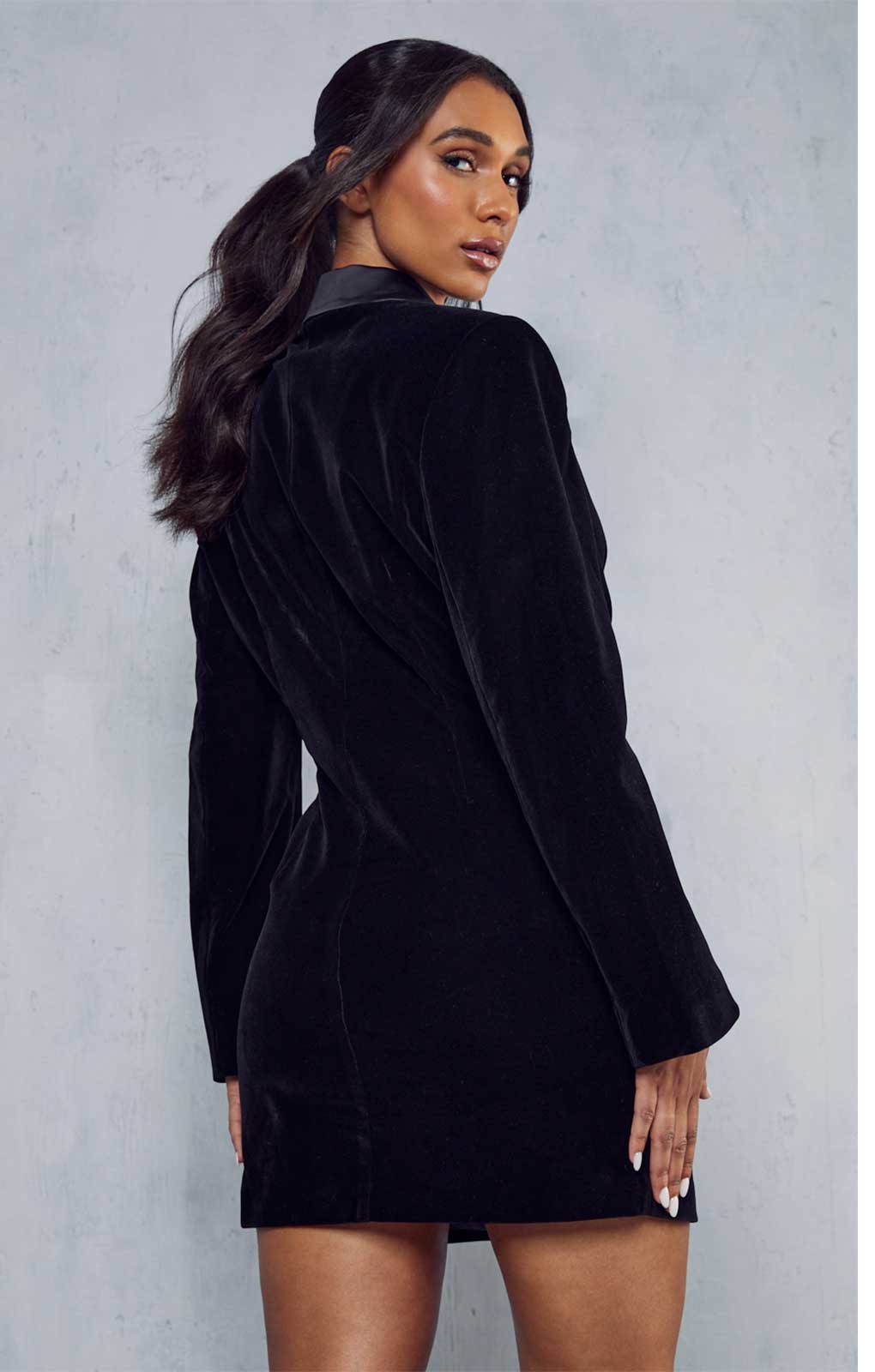 Misspap Black Premium Velvet Satin Lapel Blazer Dress