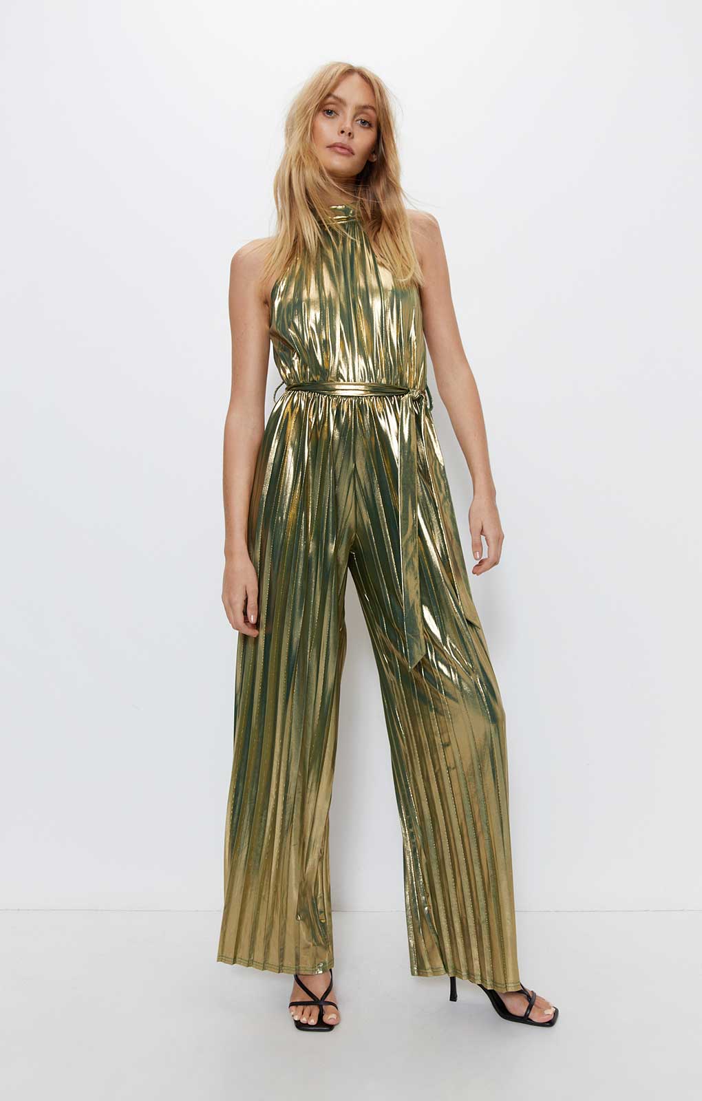 Warehouse Metallic Lame Pleated Halter Neck Jumpsuit product image