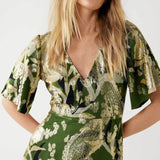 Warehouse Khaki Sparkle Metallic V Neck Floral Midi Dress