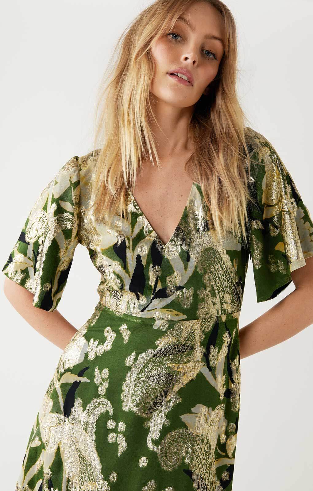 Warehouse Khaki Sparkle Metallic V Neck Floral Midi Dress