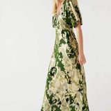 Warehouse Khaki Sparkle Metallic V Neck Floral Midi Dress