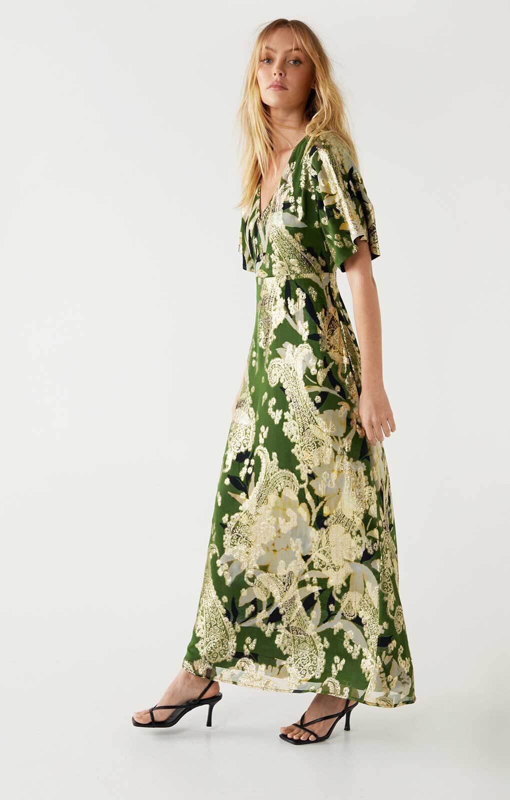 Warehouse Khaki Sparkle Metallic V Neck Floral Midi Dress