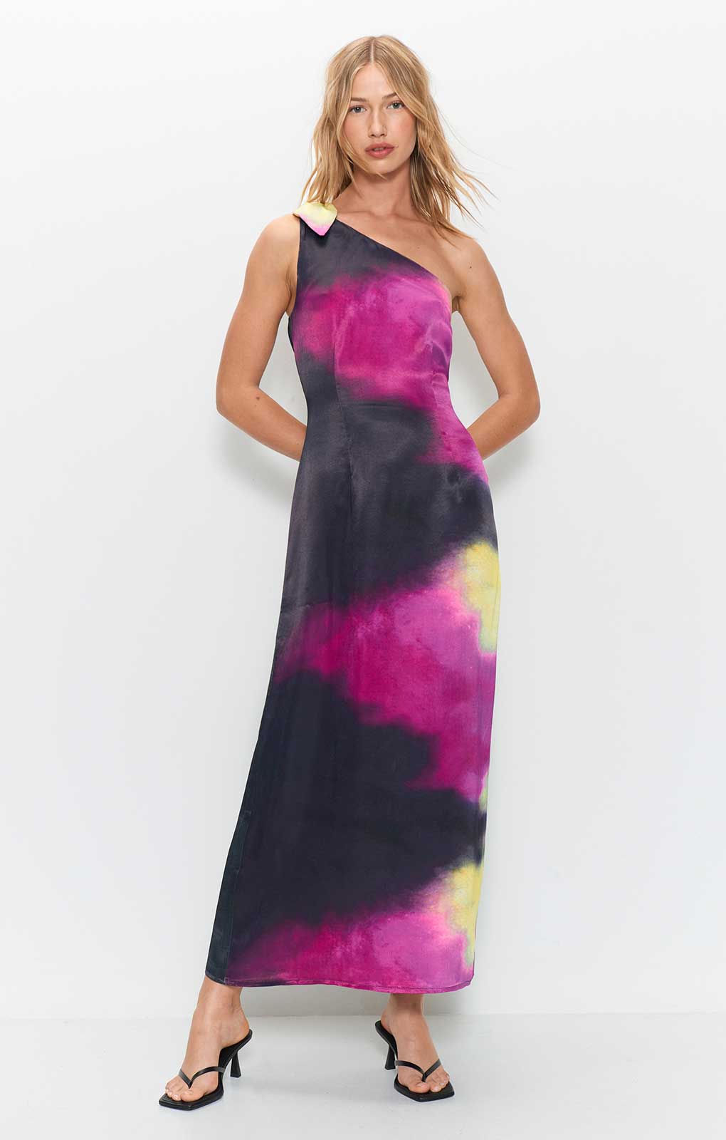 Warehouse Premium Satin Tie Dye One Shoulder Maxi Dress