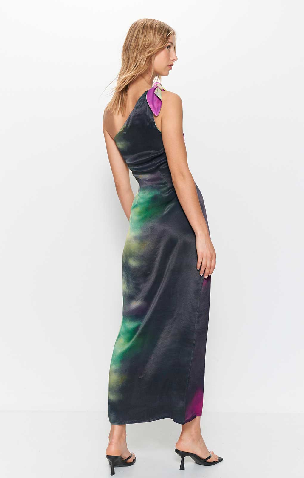 Warehouse Premium Satin Tie Dye One Shoulder Maxi Dress