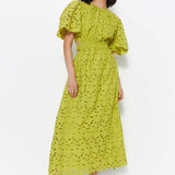 Warehouse Lime Broderie Puff Sleeve Tie Back Midi Dress
