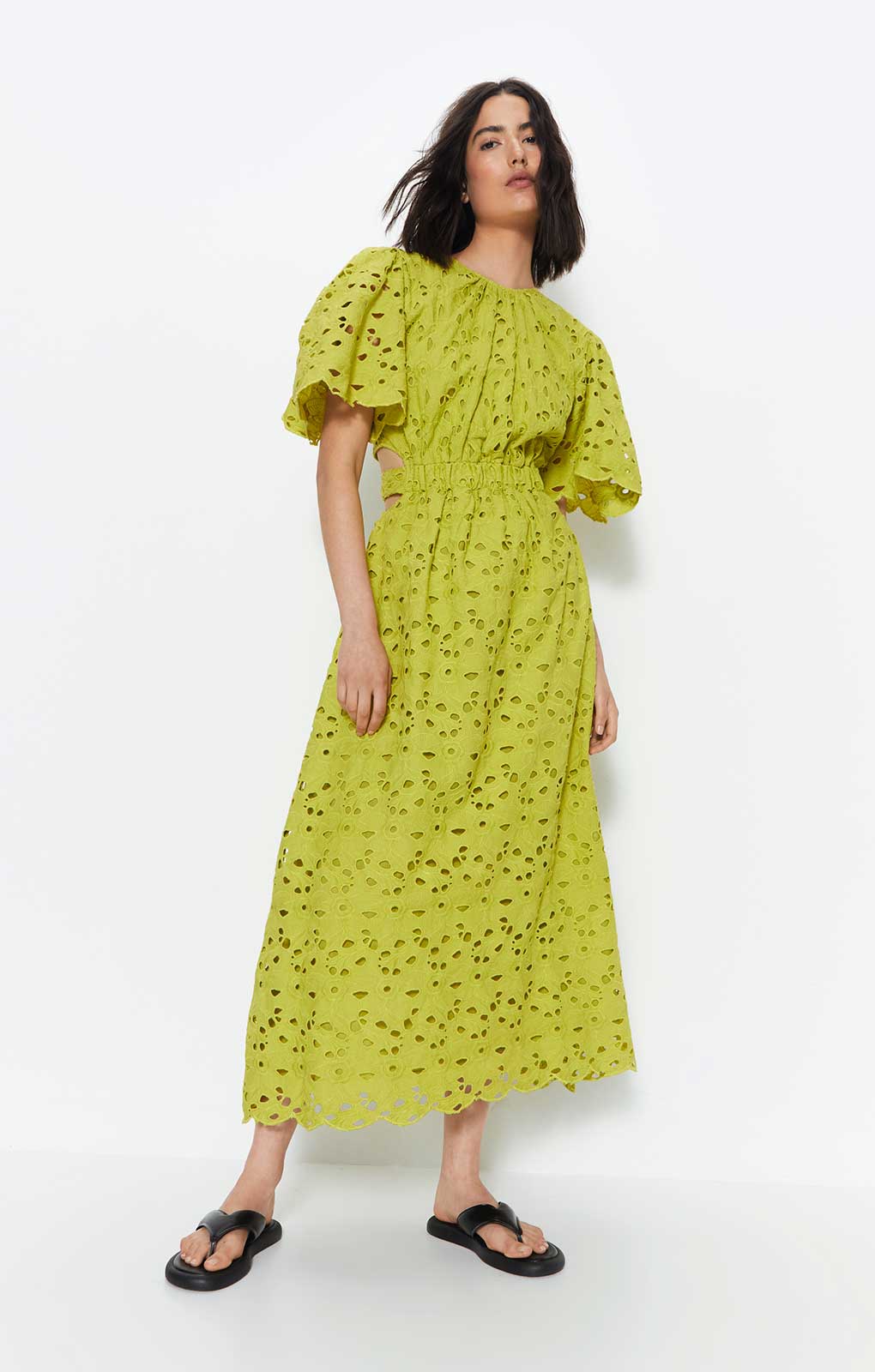 Warehouse Lime Broderie Puff Sleeve Tie Back Midi Dress