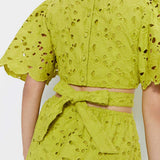 Warehouse Lime Broderie Puff Sleeve Tie Back Midi Dress