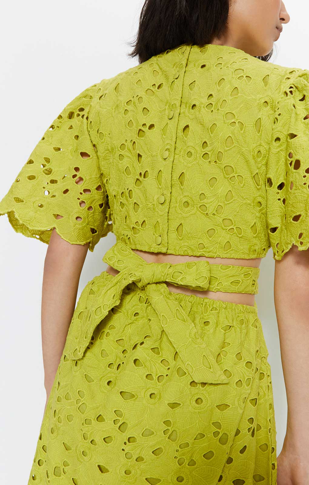 Warehouse Lime Broderie Puff Sleeve Tie Back Midi Dress