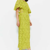 Warehouse Lime Broderie Puff Sleeve Tie Back Midi Dress