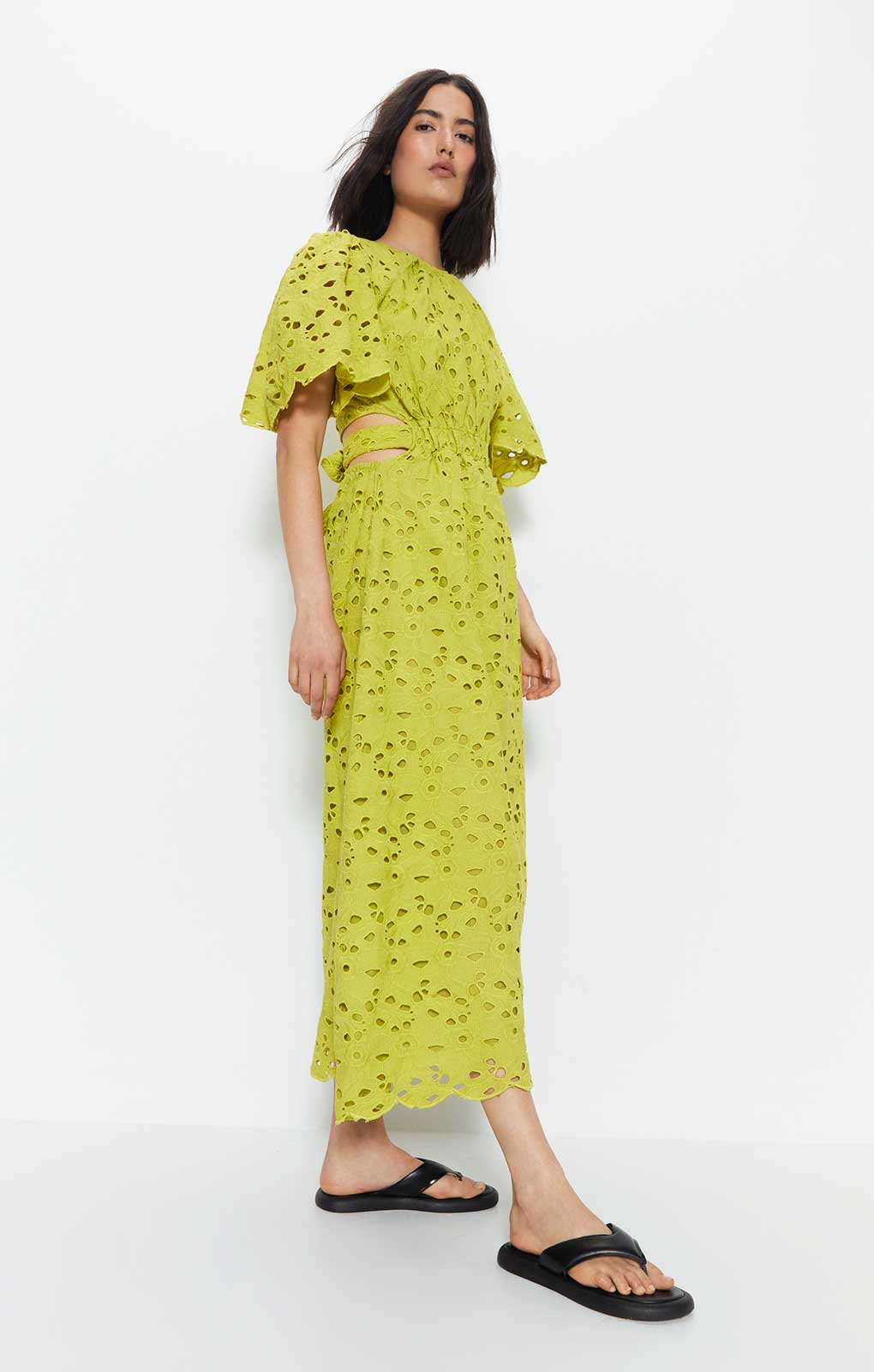 Warehouse Lime Broderie Puff Sleeve Tie Back Midi Dress