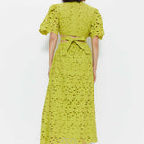 Warehouse Lime Broderie Puff Sleeve Tie Back Midi Dress