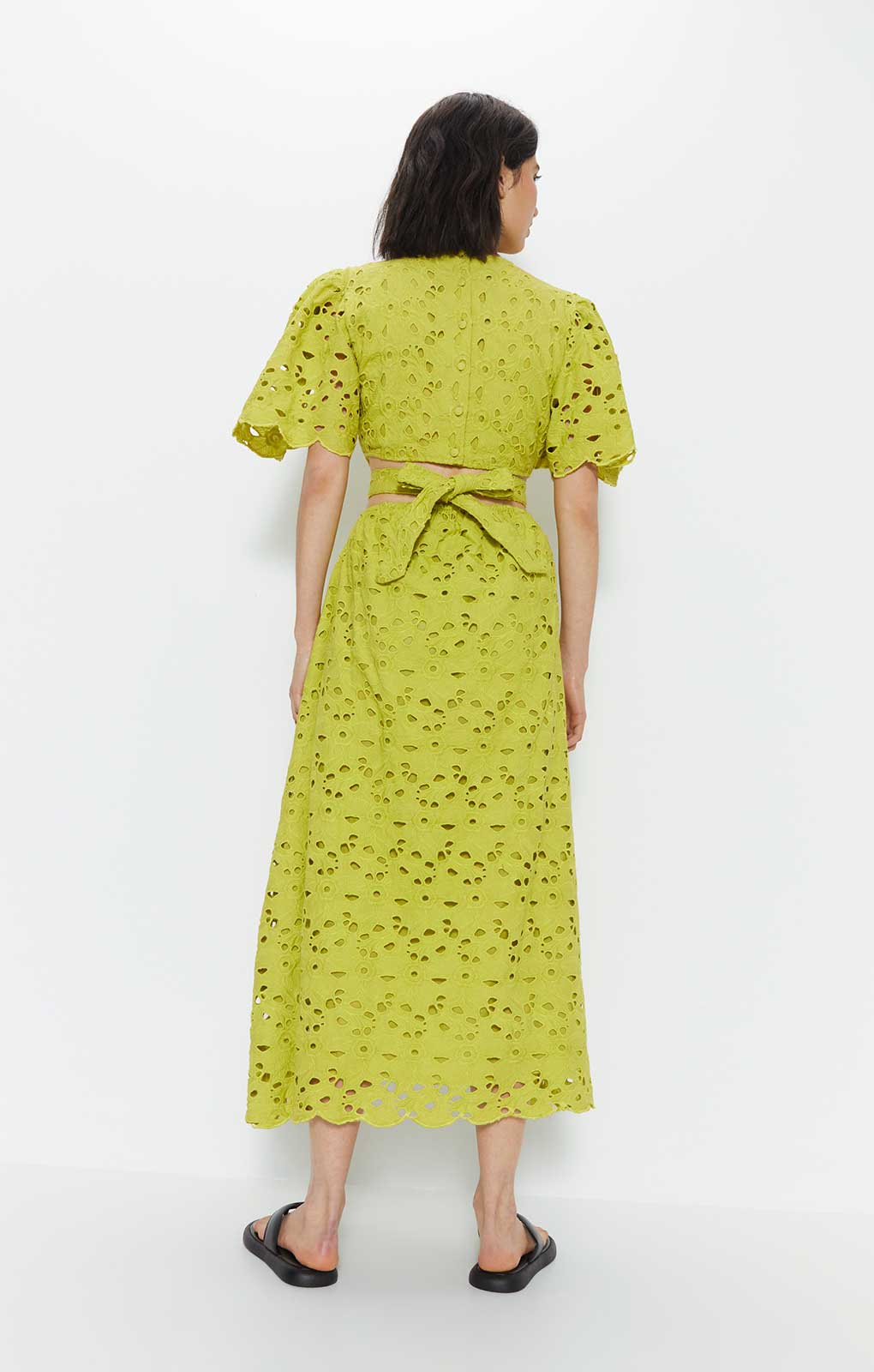 Warehouse Lime Broderie Puff Sleeve Tie Back Midi Dress product image