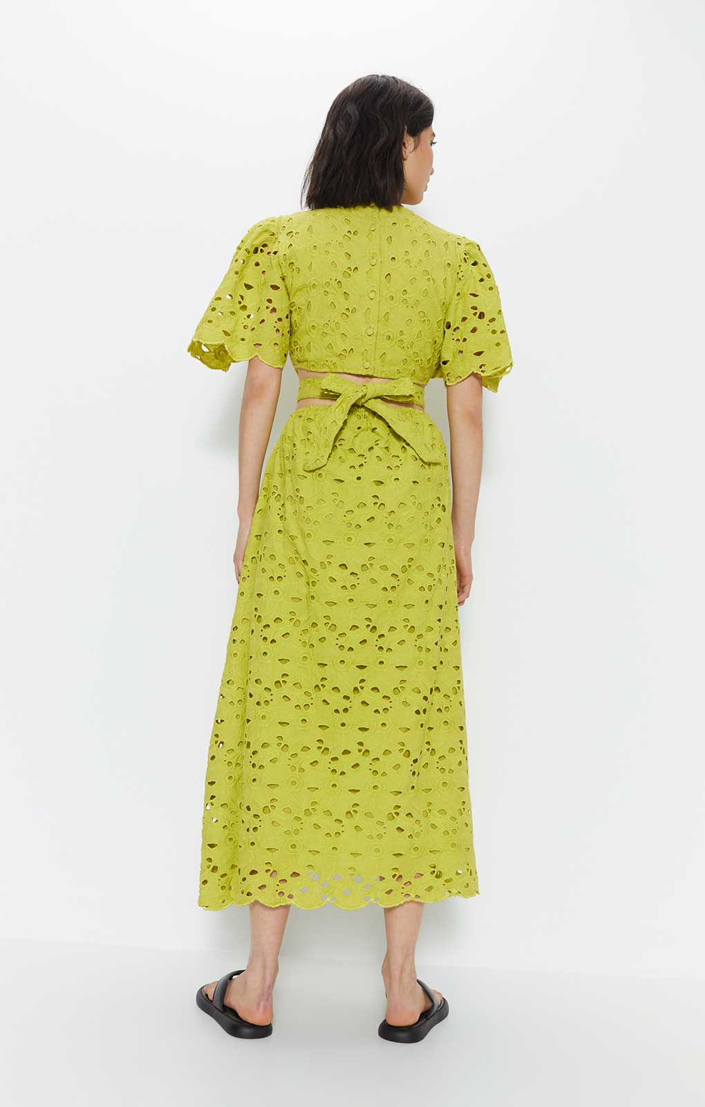Warehouse Lime Broderie Puff Sleeve Tie Back Midi Dress