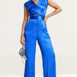 Closet London Blue Floral Jacquard Wrap Top Jumpsuit