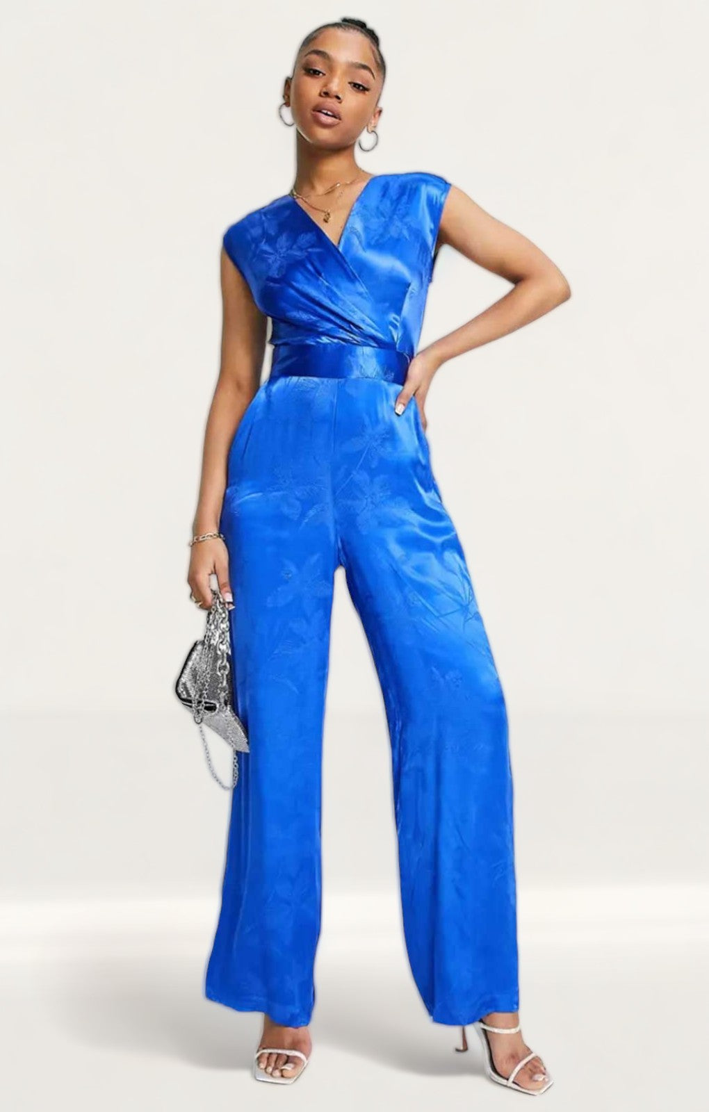 Closet London Blue Floral Jacquard Wrap Top Jumpsuit