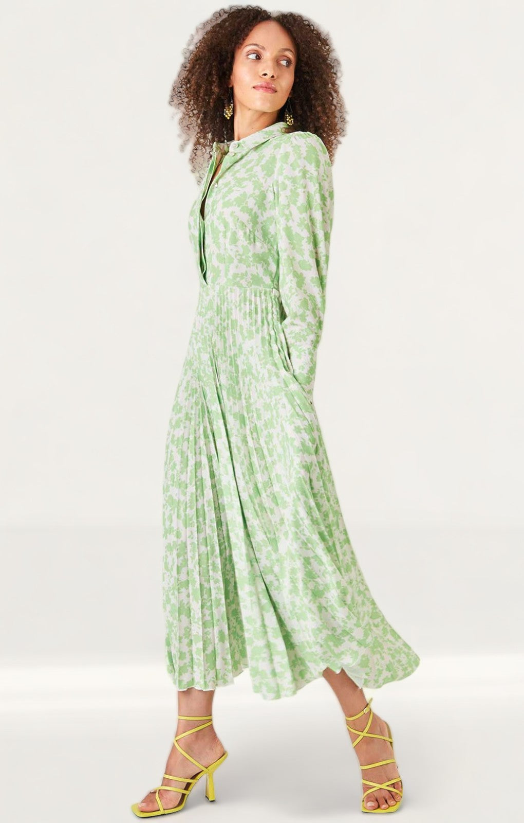 Closet London Lime Green Floral Print Pleated Shirt Dress