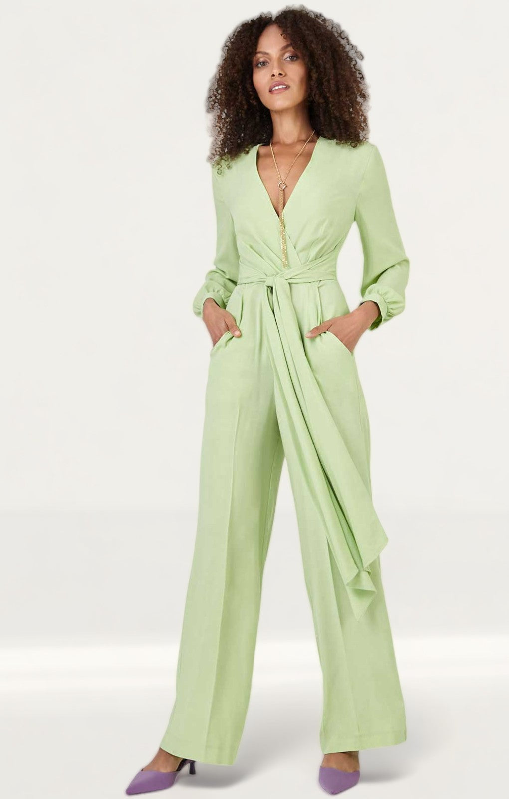 Closet London Lime Green Wrap Wide Leg Jumpsuit