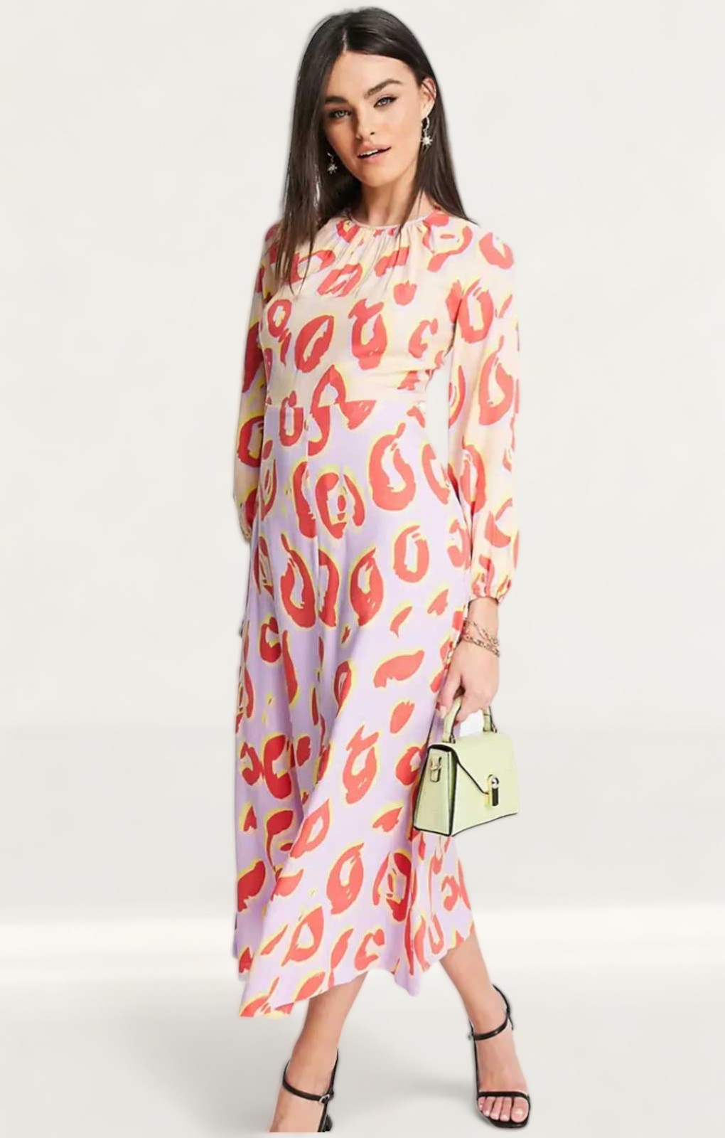 Closet London Purple Print Gathered Neck A-Line Midi Dress