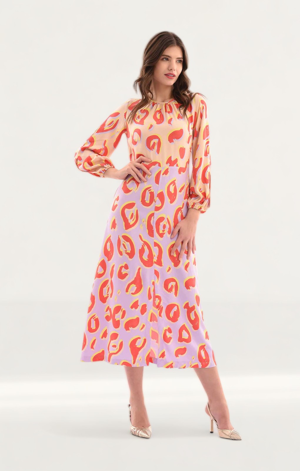 Closet London Purple Print Gathered Neck A-Line Midi Dress