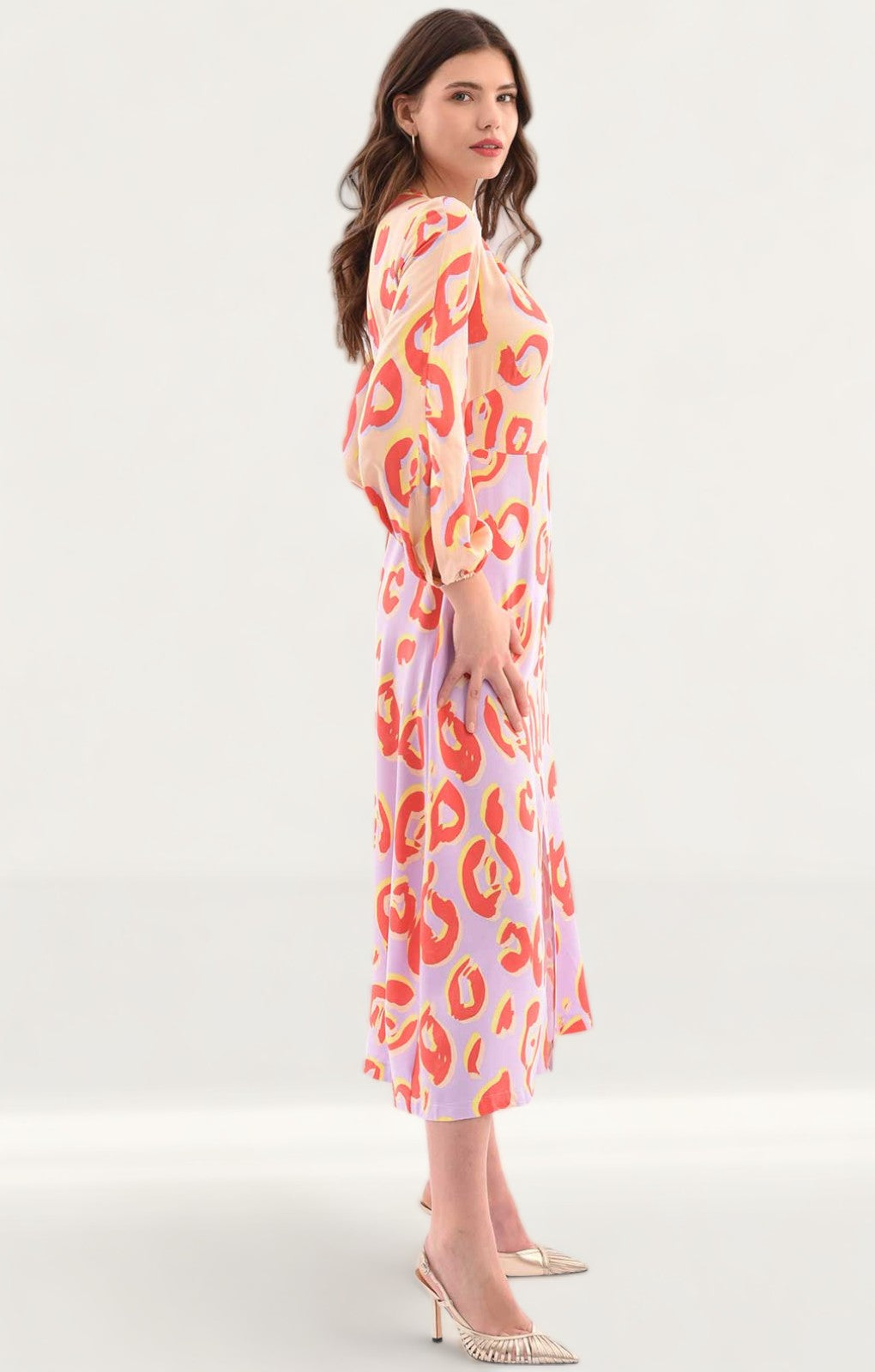 Closet London Purple Print Gathered Neck A-Line Midi Dress