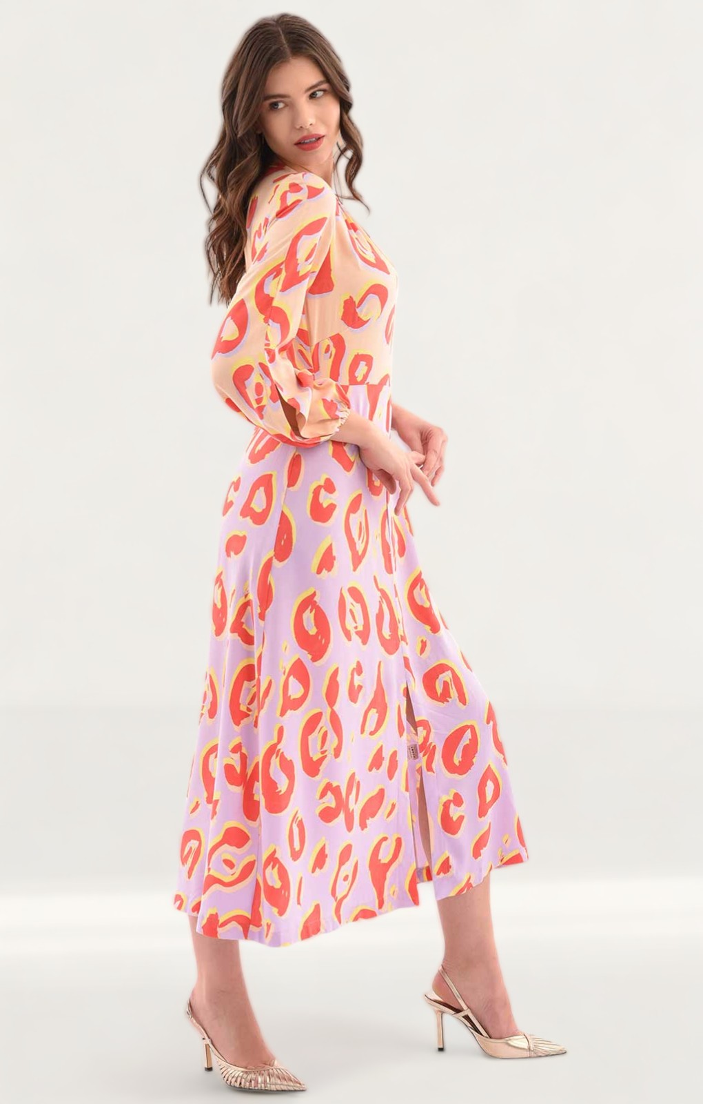 Closet London Purple Print Gathered Neck A-Line Midi Dress
