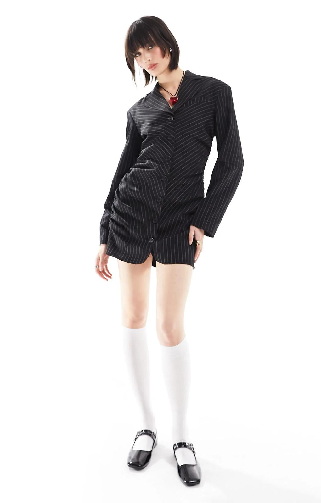 Collusion Gathered Front Blazer Dress In Black Pinstripe – coats & jackets by Collusion, available to rent from Hirestreet