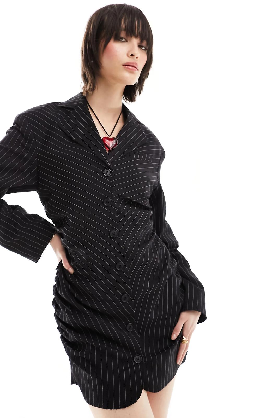 Collusion Gathered Front Blazer Dress In Black Pinstripe – coats & jackets by Collusion, available to rent from Hirestreet