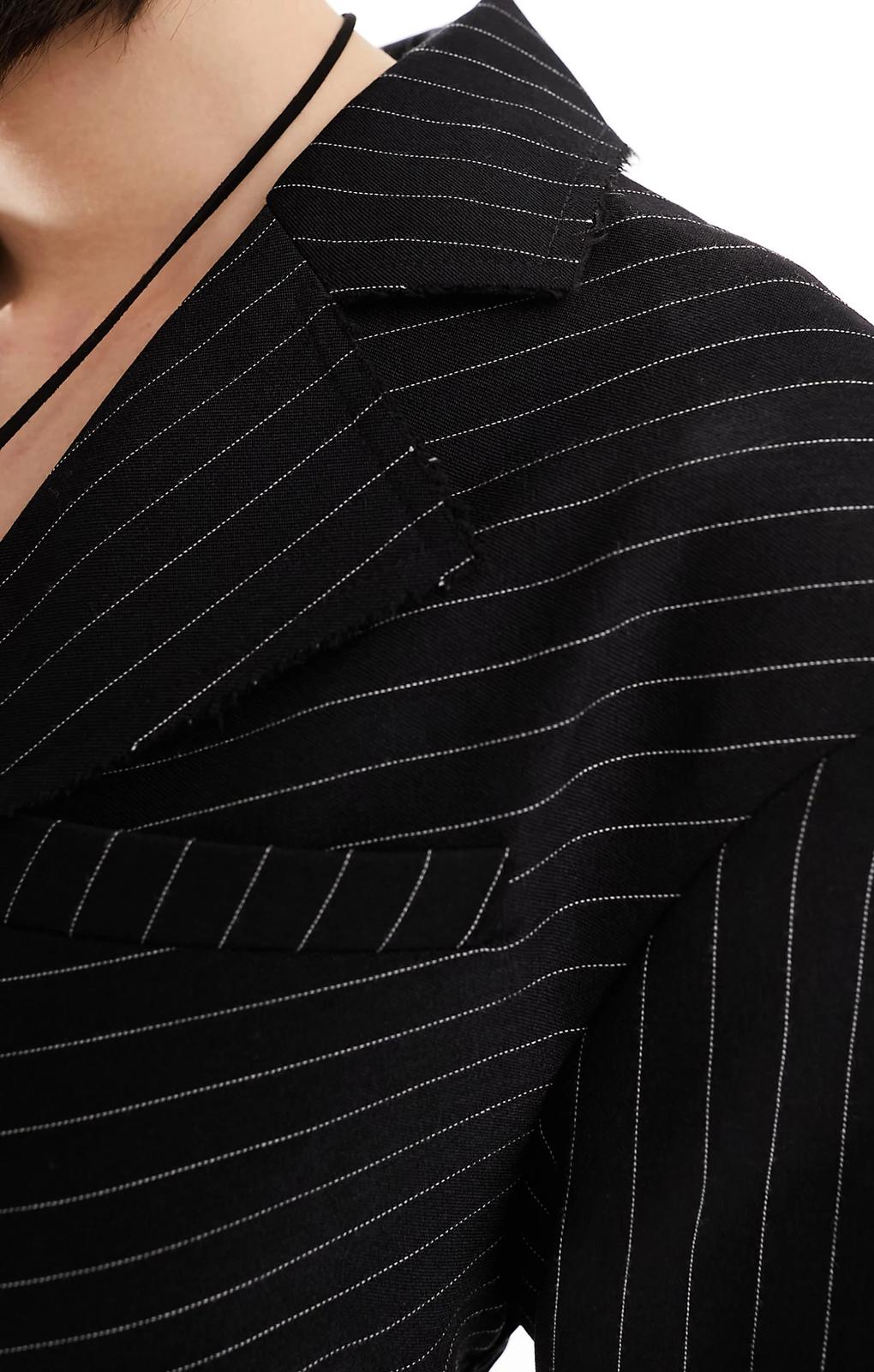 Collusion Gathered Front Blazer Dress In Black Pinstripe – coats & jackets by Collusion, available to rent from Hirestreet