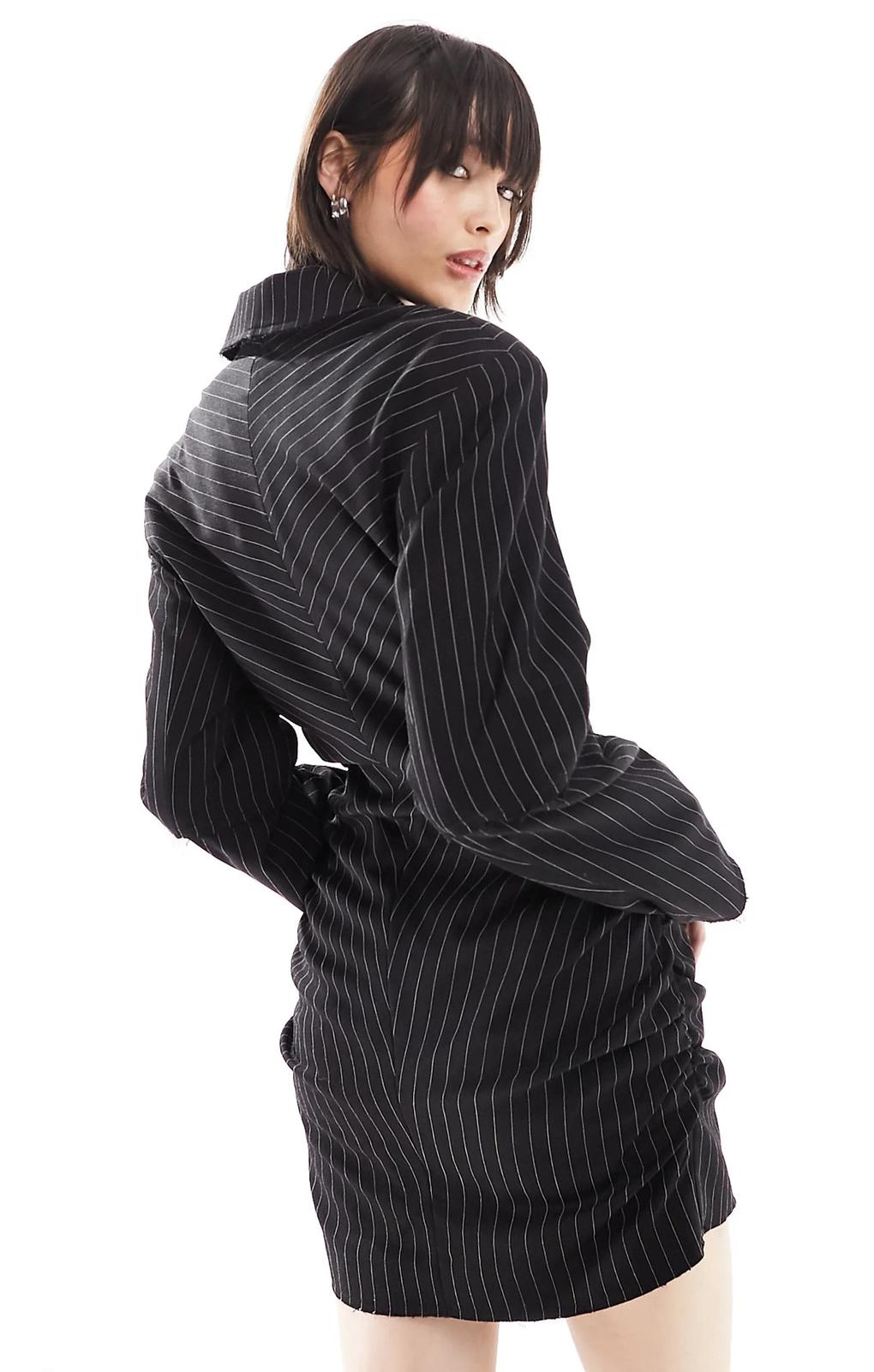 Collusion Gathered Front Blazer Dress In Black Pinstripe – coats & jackets by Collusion, available to rent from Hirestreet