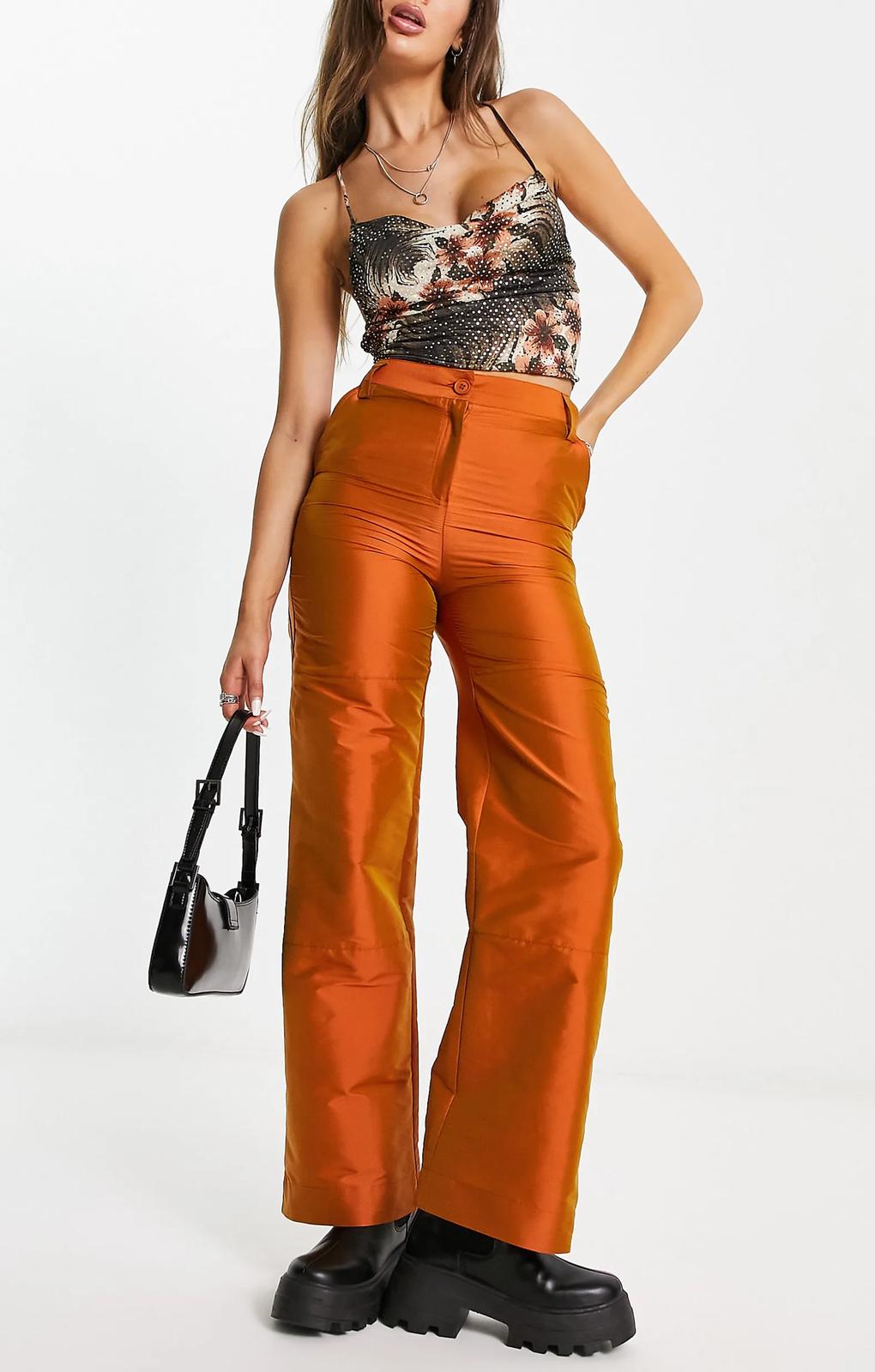 Collusion Taffeta Straight Leg Cargo Trousers In Irridescent Rust – trousers by Collusion, available to rent from Hirestreet