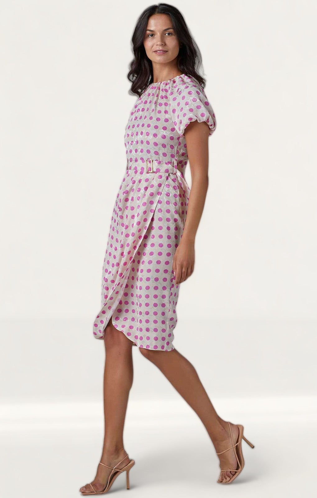 Closet London Cream Polka Dot Print Gathered Sleeve Midi Dress