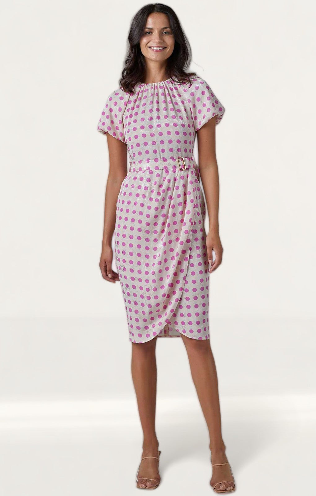 Closet London Cream Polka Dot Print Gathered Sleeve Midi Dress