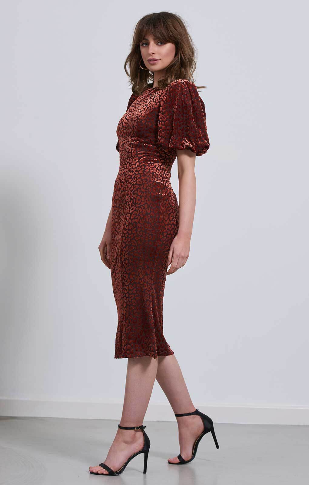 Little Mistress Jacquard Animal Print Puff Sleeve Midi Dress