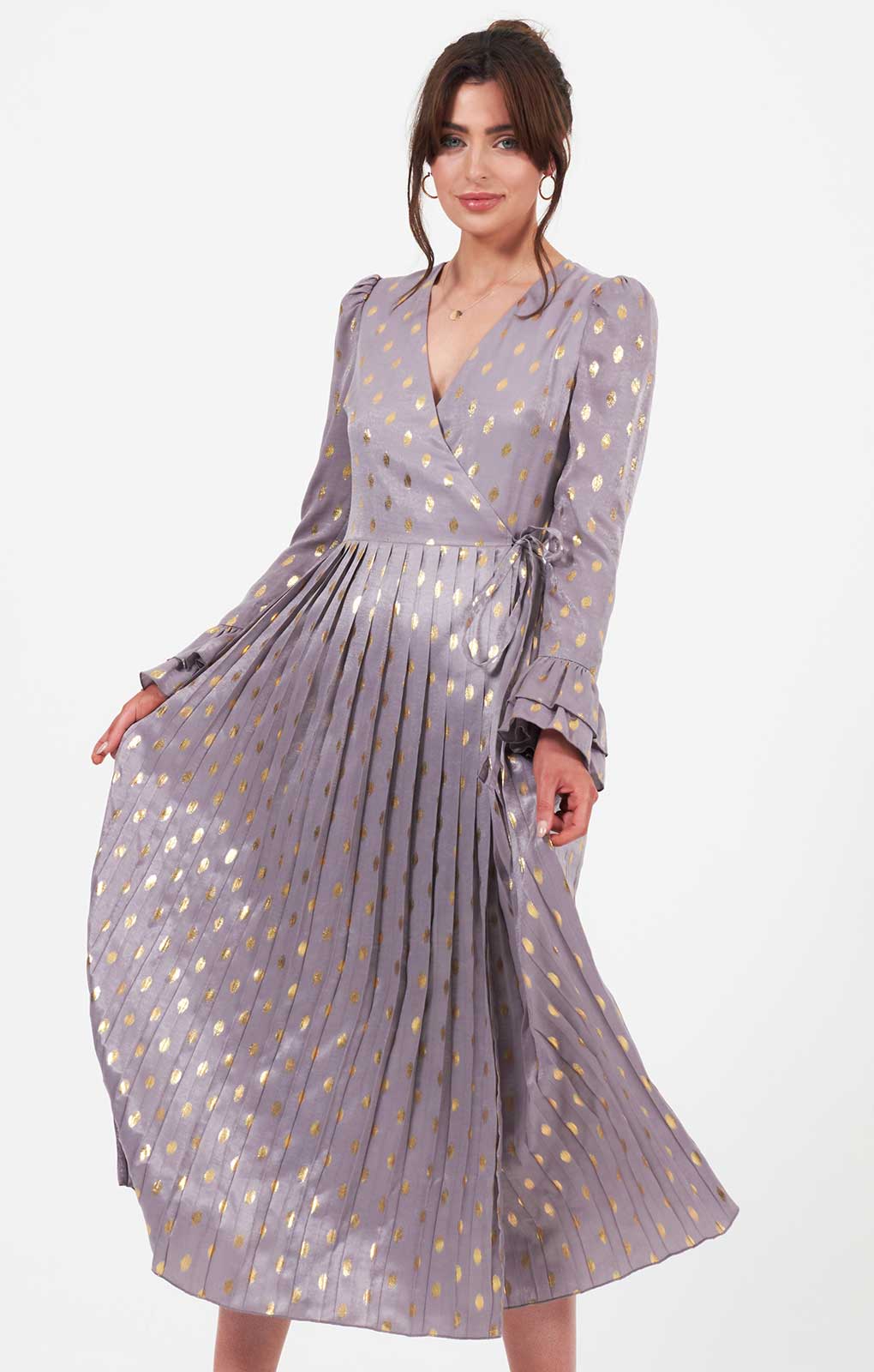 little mistress satin wrap dress Floral Satin Wrap Dress with Playful Peplum Hem