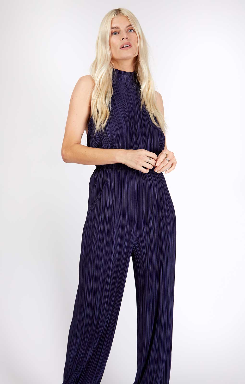 Little Mistress Navy Plisse Jumpsuit by Vogue Williams