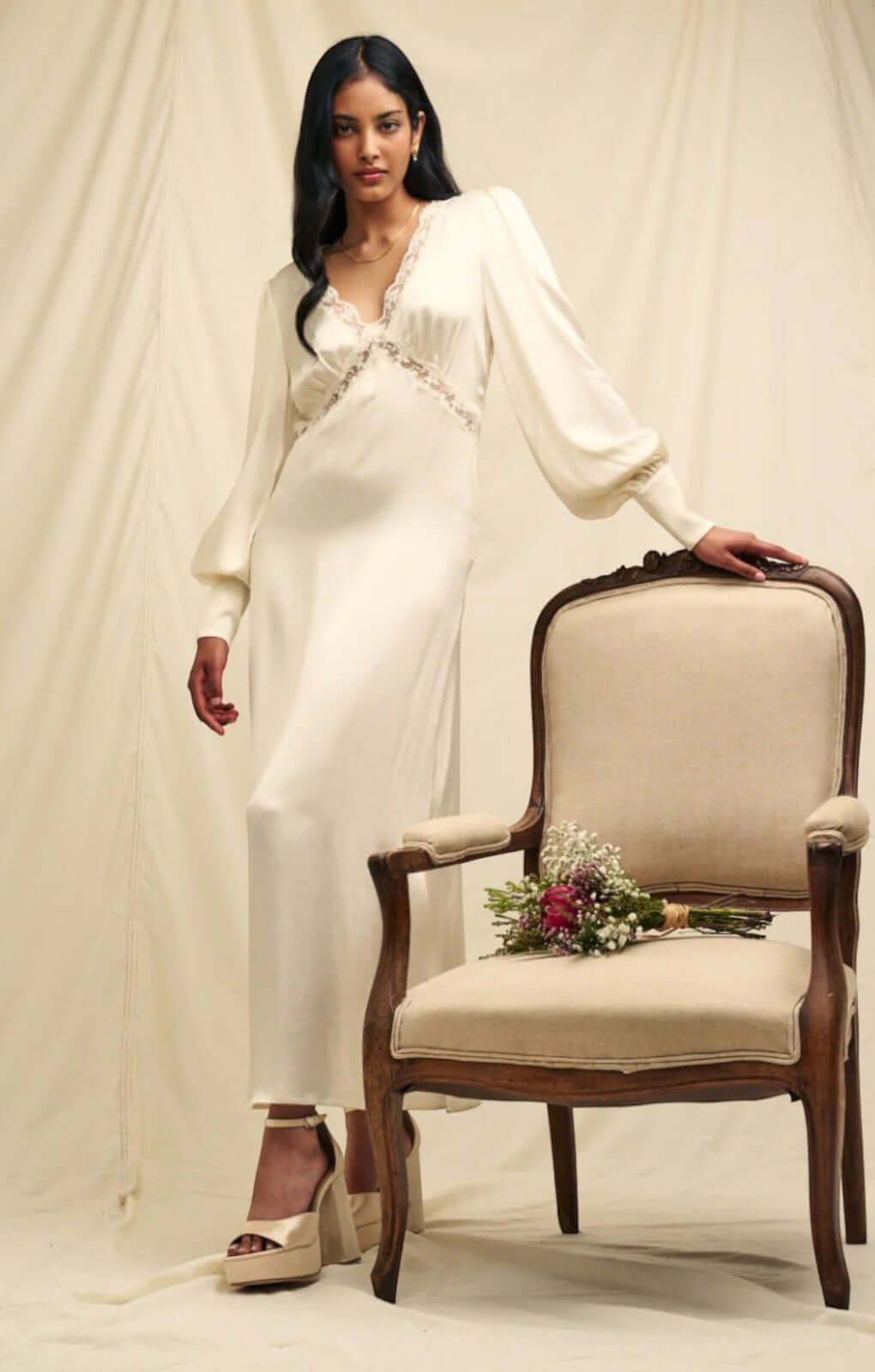 Nobody's Child Ivory Satin Lace Trim Nessy Midaxi Dress