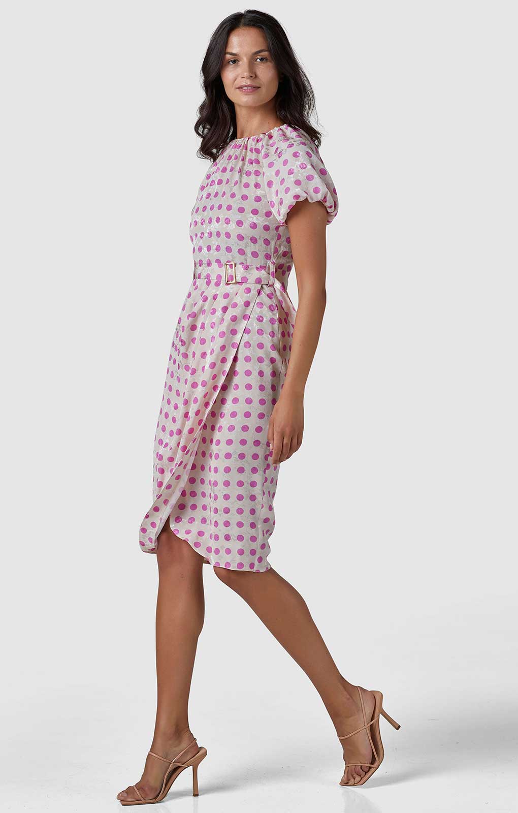 Closet London Cream Polka Dot Print Gathered Sleeve Midi Dress