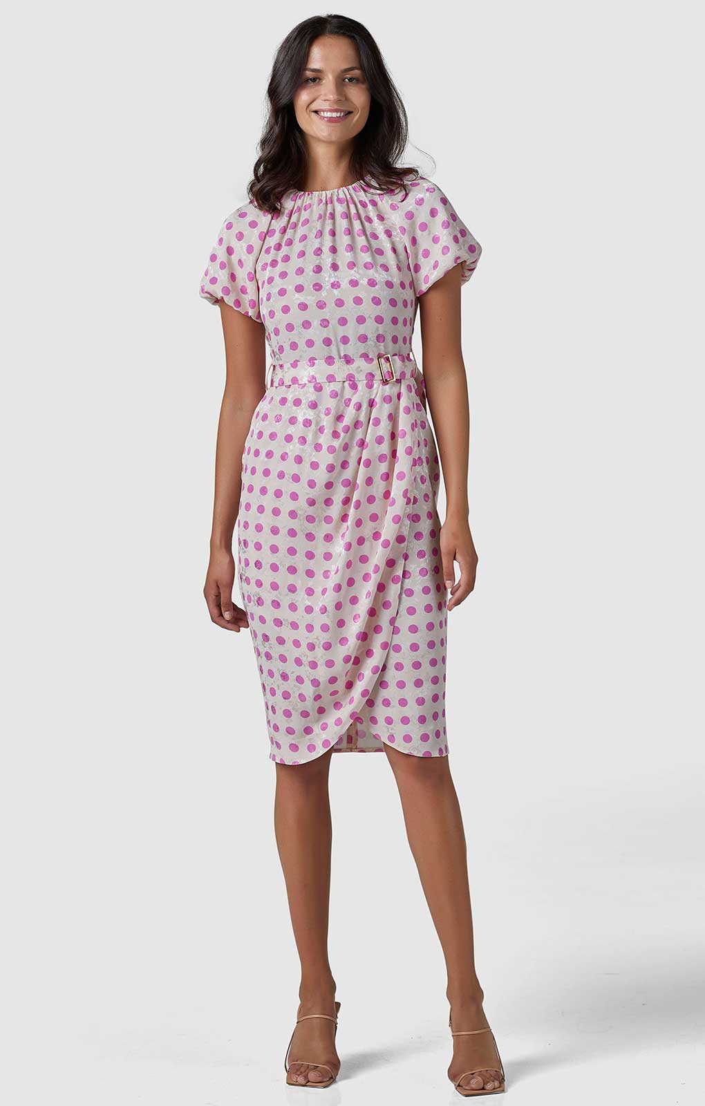 Closet London Cream Polka Dot Print Gathered Sleeve Midi Dress