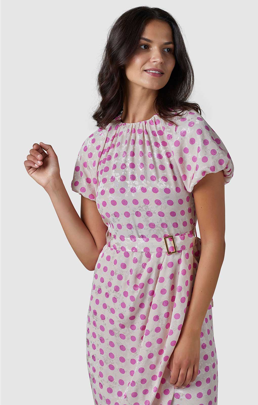 Closet London Cream Polka Dot Print Gathered Sleeve Midi Dress