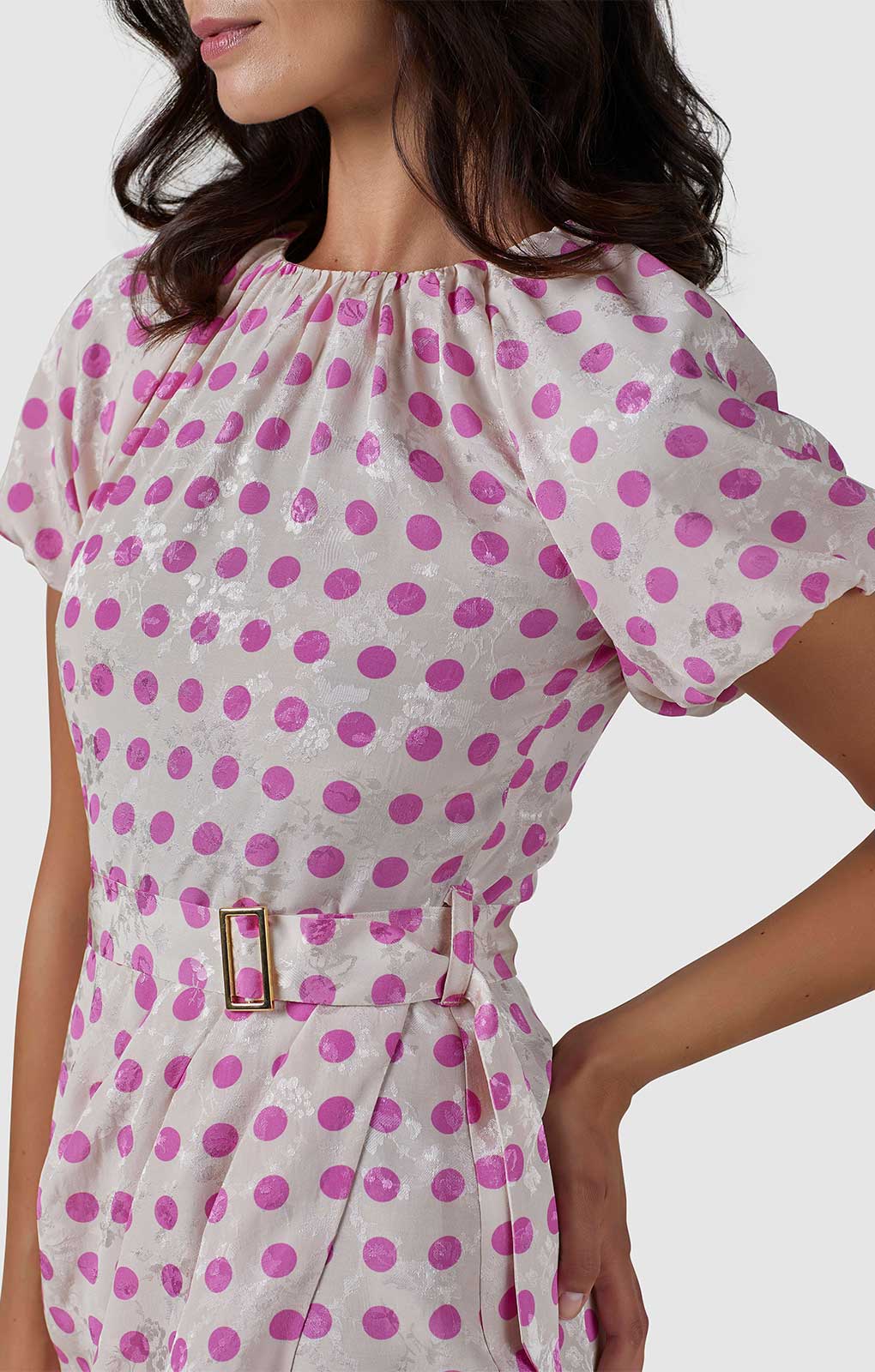 Closet London Cream Polka Dot Print Gathered Sleeve Midi Dress