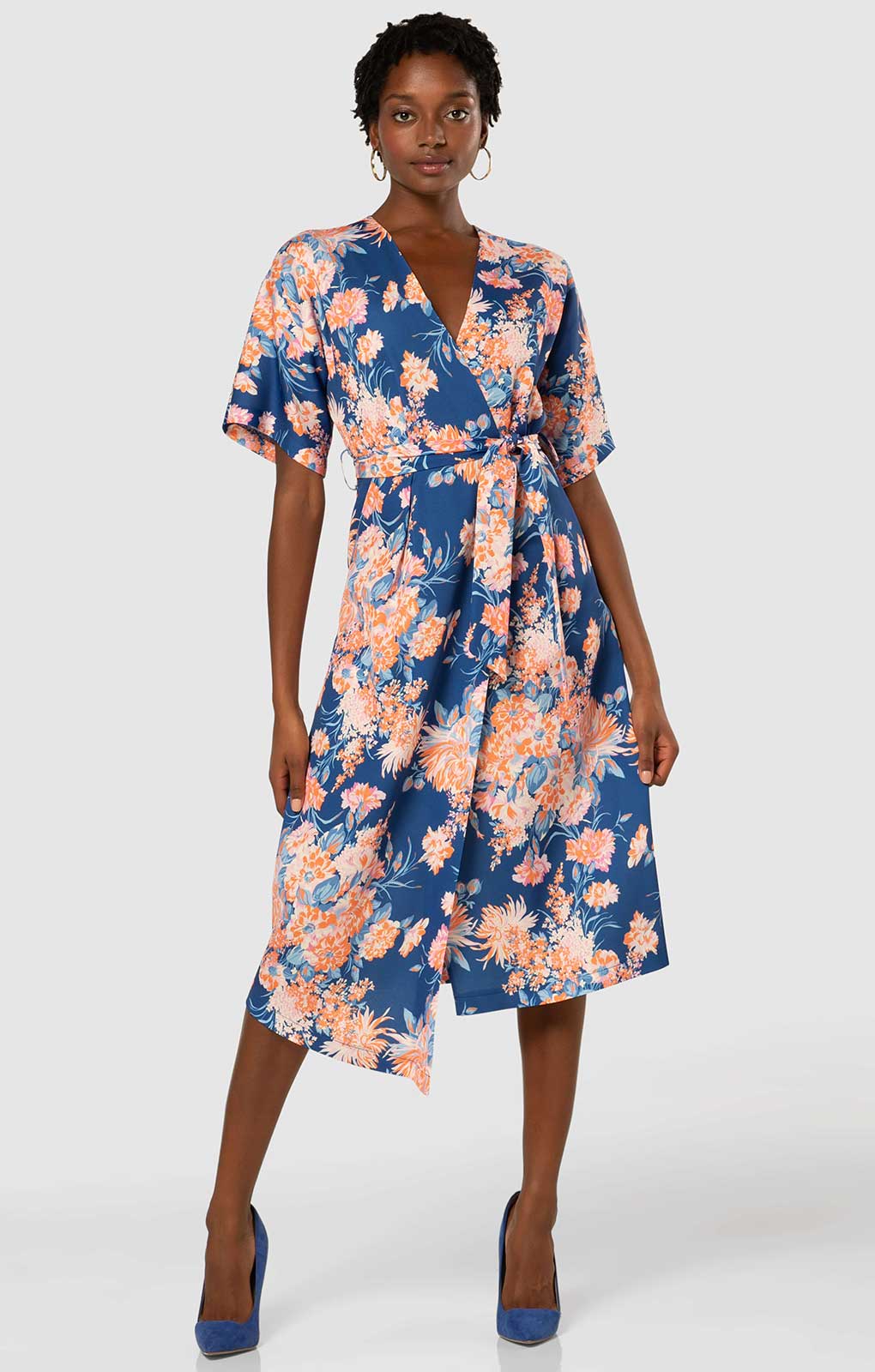 Closet London Royal Blue Floral Print Kimono A-line Midi Dress