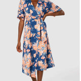Closet London Royal Blue Floral Print Kimono A-line Midi Dress