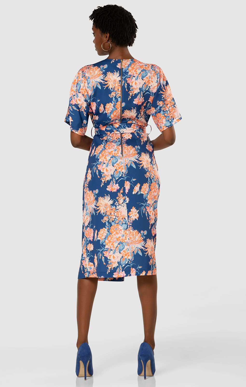 Closet London Royal Blue Floral Print Kimono A-line Midi Dress