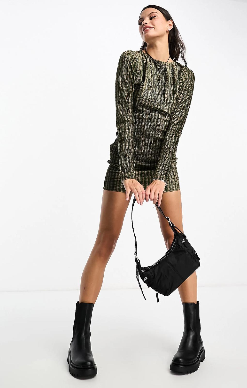 Daisy Street Long Sleeve Dress In Check Plisse Velvet – dresses by Daisy Street, available to rent from Hirestreet