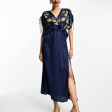 ASOS DESIGN Embroidered Satin Midi Dress With Frill Waist In Navy