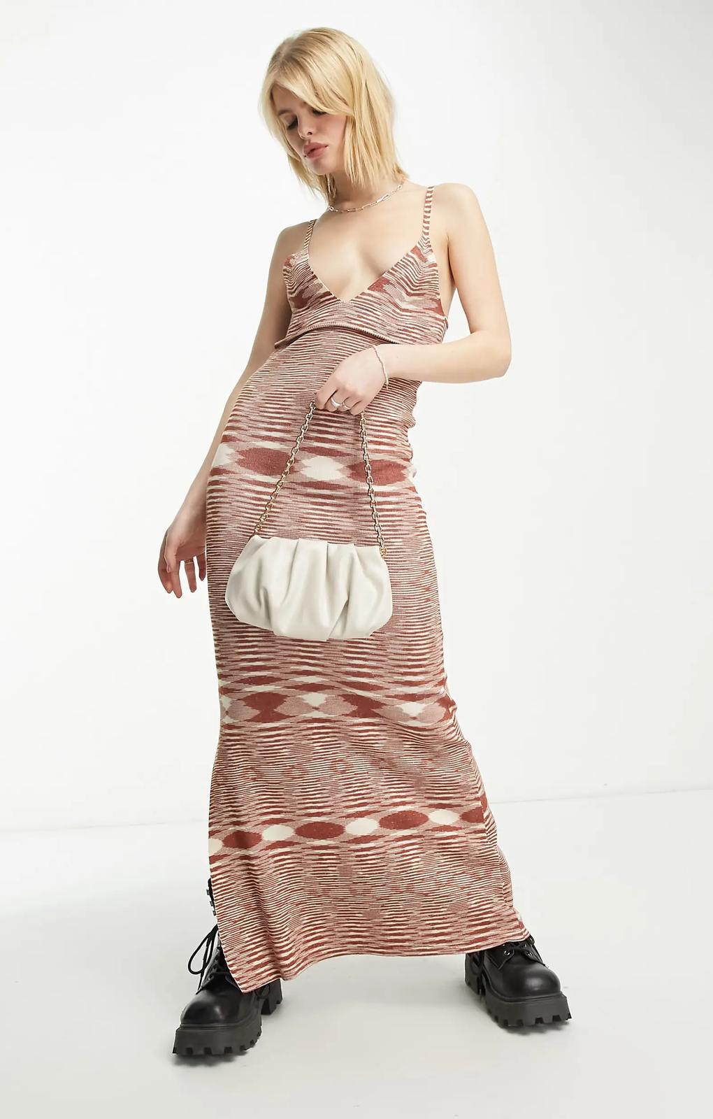 Emory Park Space Dye Slinky Knitted Maxi Dress In Cognac – dresses by Emory Park, available to rent from Hirestreet
