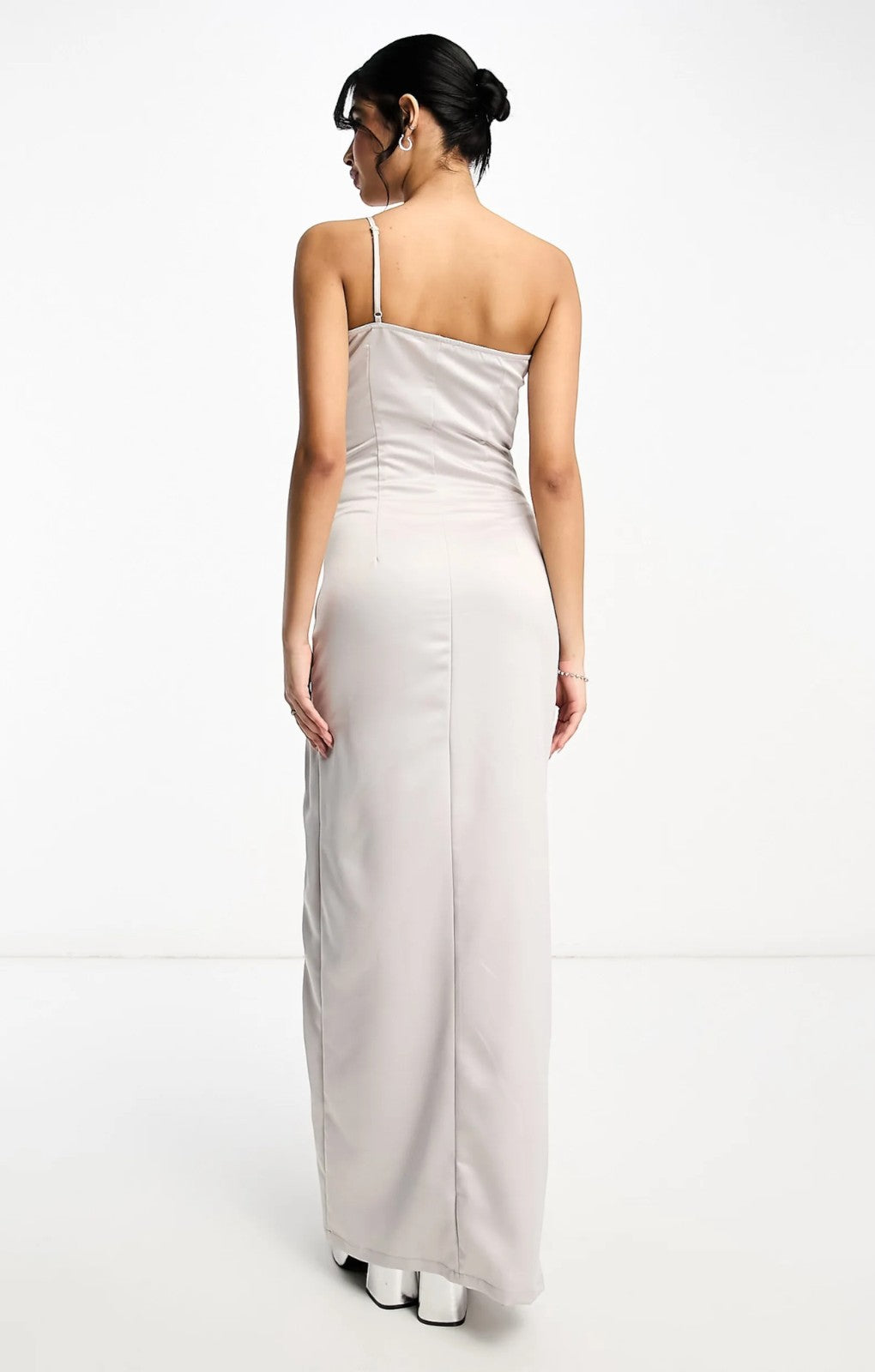 Extro & Vert Tall One Shoulder Maxi Dress With Split In Stone Grey Satin – dresses by Extro & Vert Tall, available to rent from Hirestreet