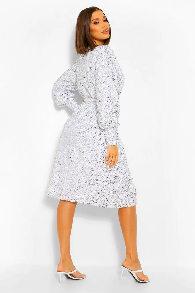 Boohoo Sequin Long Sleeve Tie Waist Midi Party Dress