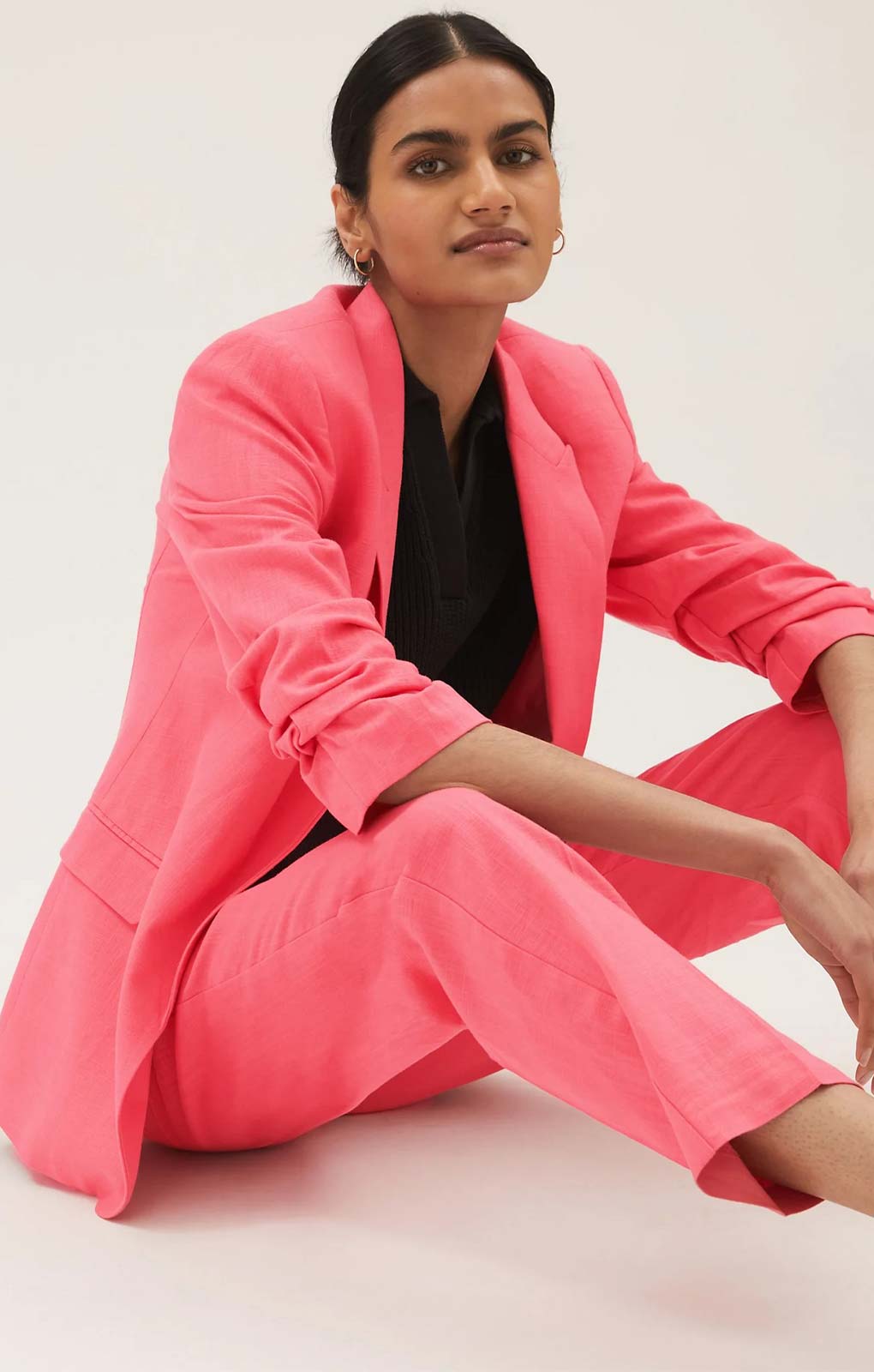 M&S Flamingo Linen Short Viscose Ruched Sleeve Blazer & Trousers product image